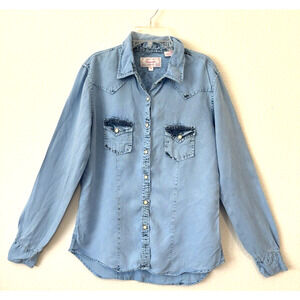 Panhandle Slim Western Pearl Snap Blue Chambray‎ Acid Wash Rodeo Girl Medium